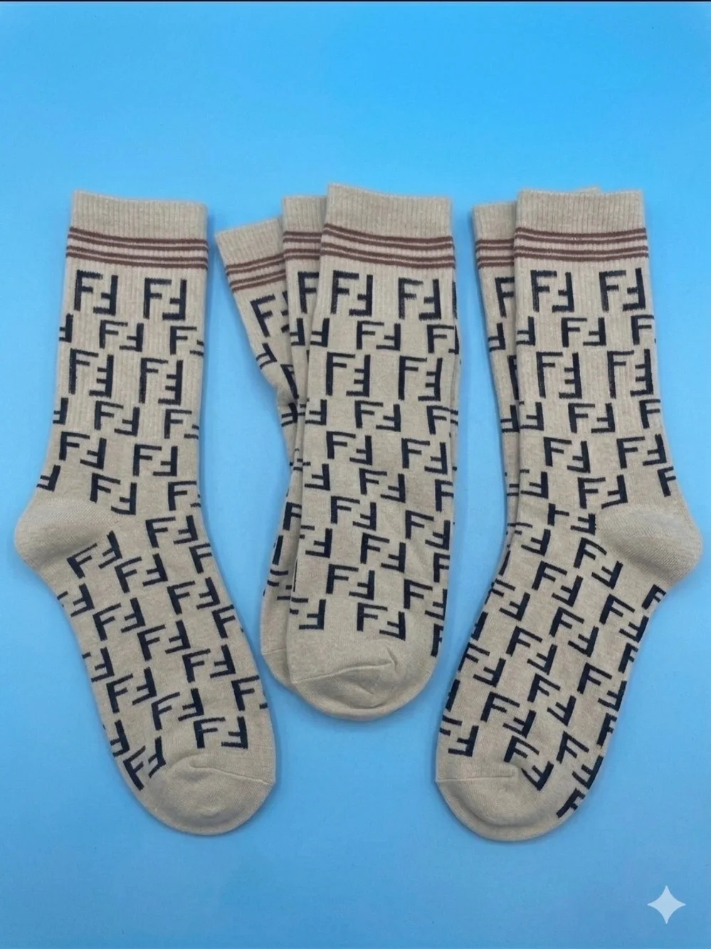 3 Pair Fendi Beige Crew Socks with Black FF Monogram and Brown Stripe - Picture 1 of 3